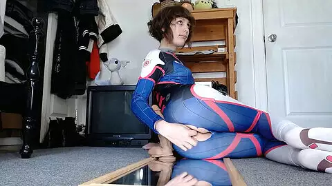 Naughty trap femboy dressed as D.Va from Overwatch spreads and toys his tight rear end
