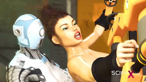 Una criatura robot hembra se vuelve loca con una sexy morena esposada en el laboratorio de ciencia ficción