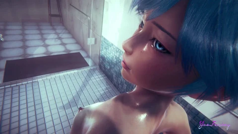 Naughty femboy Blue gives an intense blowjob and gets barebacked in the shower (Yaoi style)