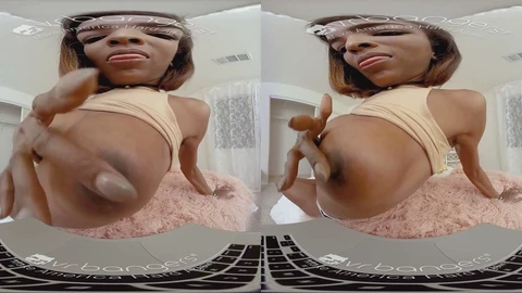 VRBTrans ebony shemale Natassia Dreams teases and masturbates on bed in thrilling VR experience